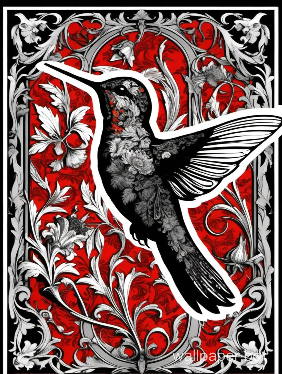 black hummingbird, collage ornamental, baroque, alphonse mucha, william morris, background red black white gray, hiperdetailed poster, high contrast,