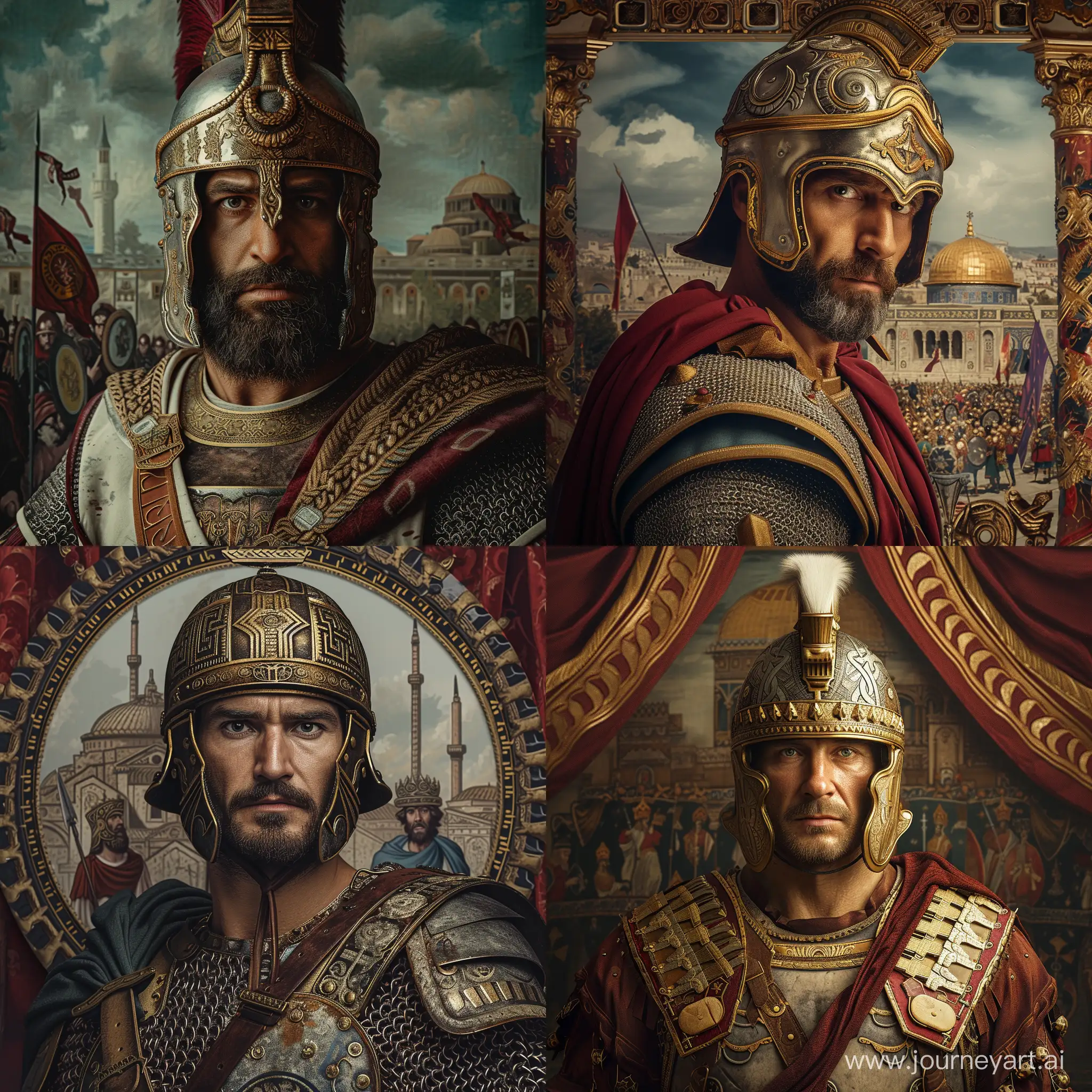 Byzantine General Belisarius portrait. Wearing Byzantine General attire and helmet. Constantinople themed background. Realistic image.