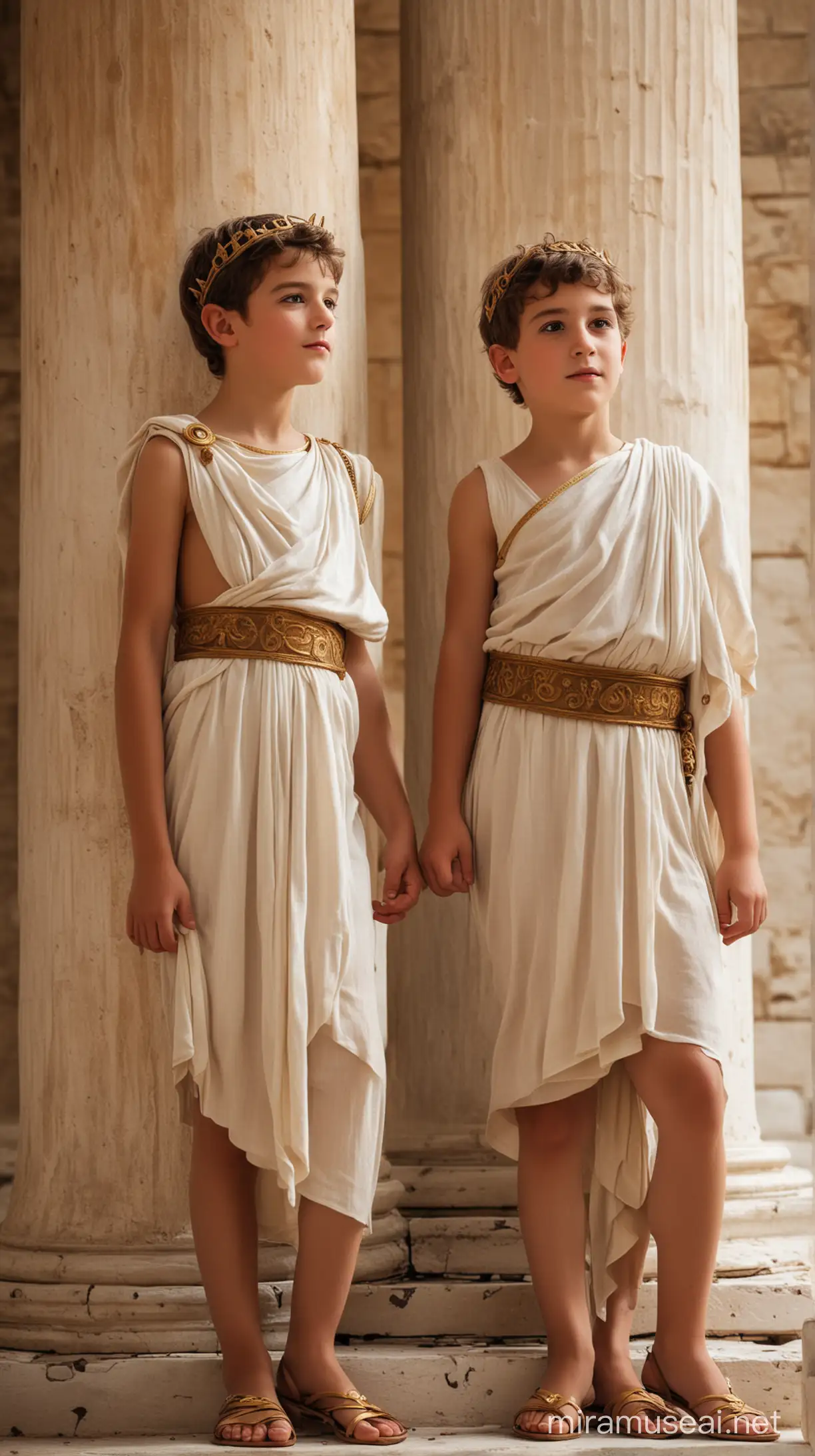 Two Boys Dressed as Ancient Greek Princes in a Timeless Atmosphere