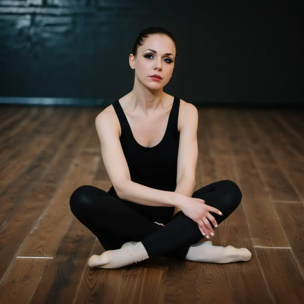 DANCE STUDIO WOMAN OWNER SITTING SADLY ON THE WOOD DANCE FLOORS THINKING