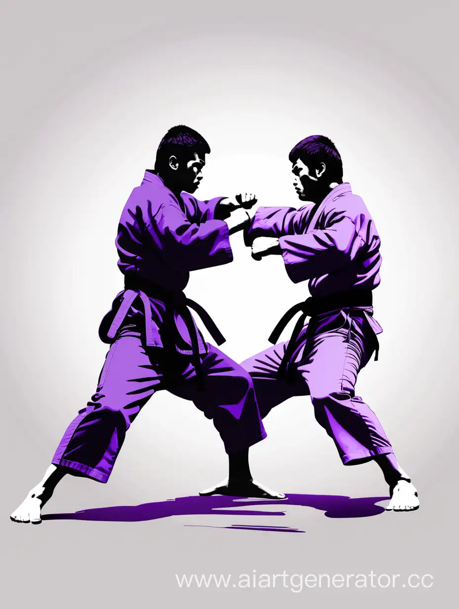 Рисунок два каратиста дерутся, справа фиолетовый, слева черный фон