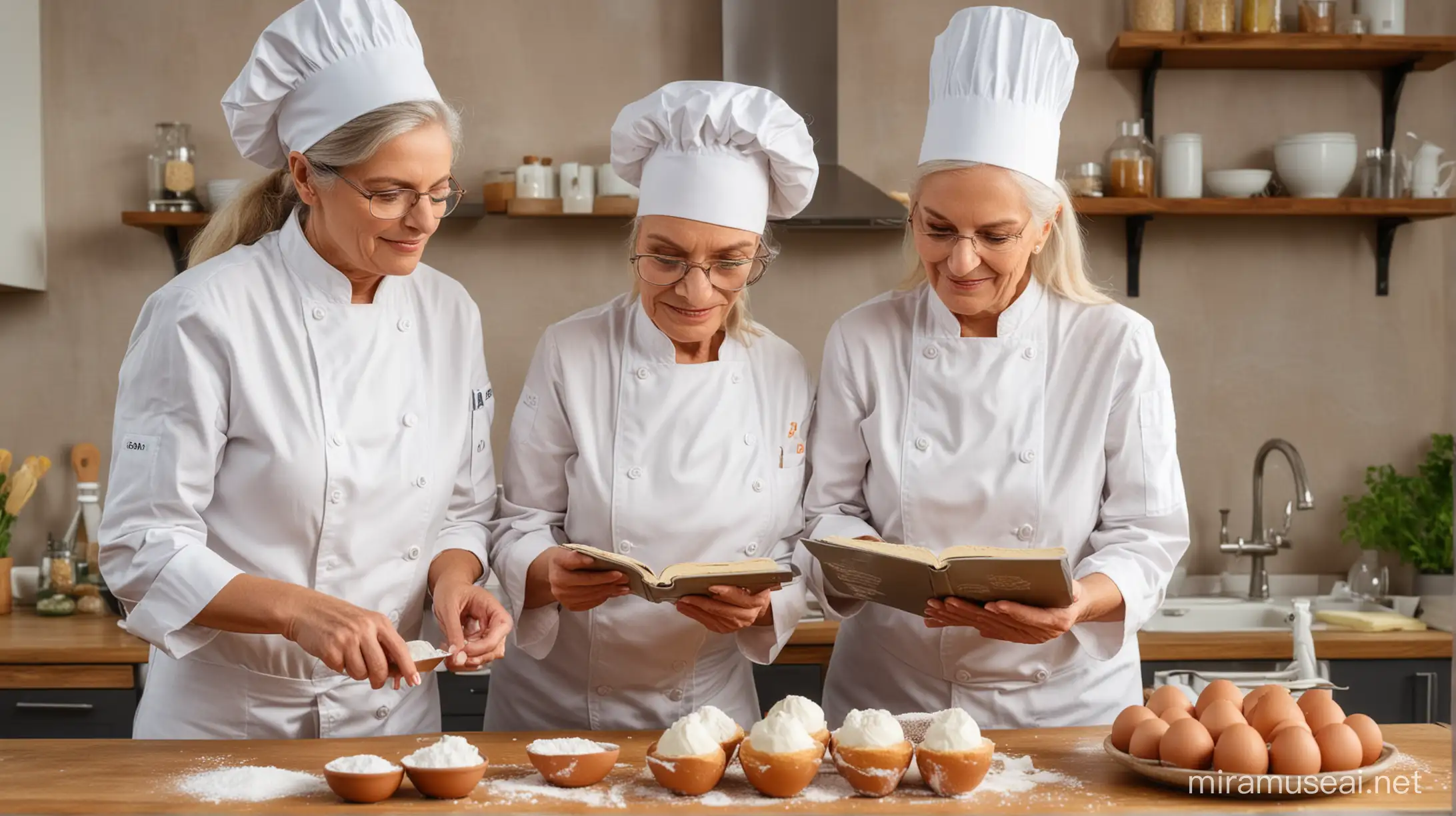 3 female chefs and old couple of different nationalities standing at looking at cookbook that shows how to replace eggs with powdered plant based vegan ingredient in a cooking school kitchen. Do not show eggs, show cakes, cheesecakes, cookies.