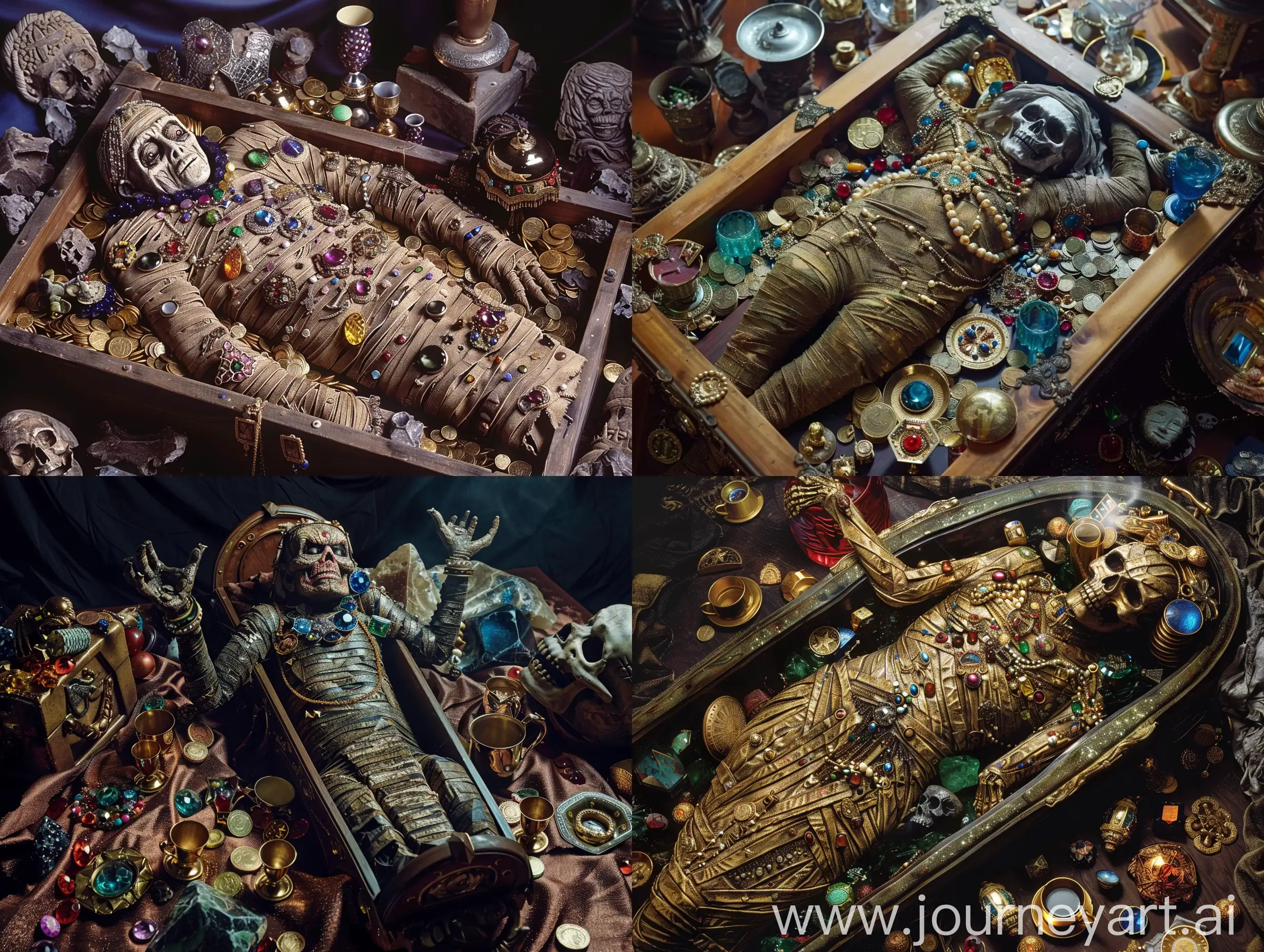 A scary mummy is lying in a coffin surrounded by jewels, cups and precious coins, full body,real