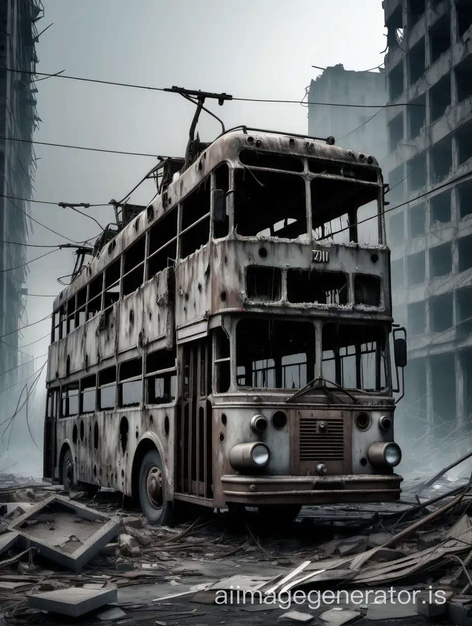 Post-apocalyptic trolleybus ZiU-9 in the ruins of cities