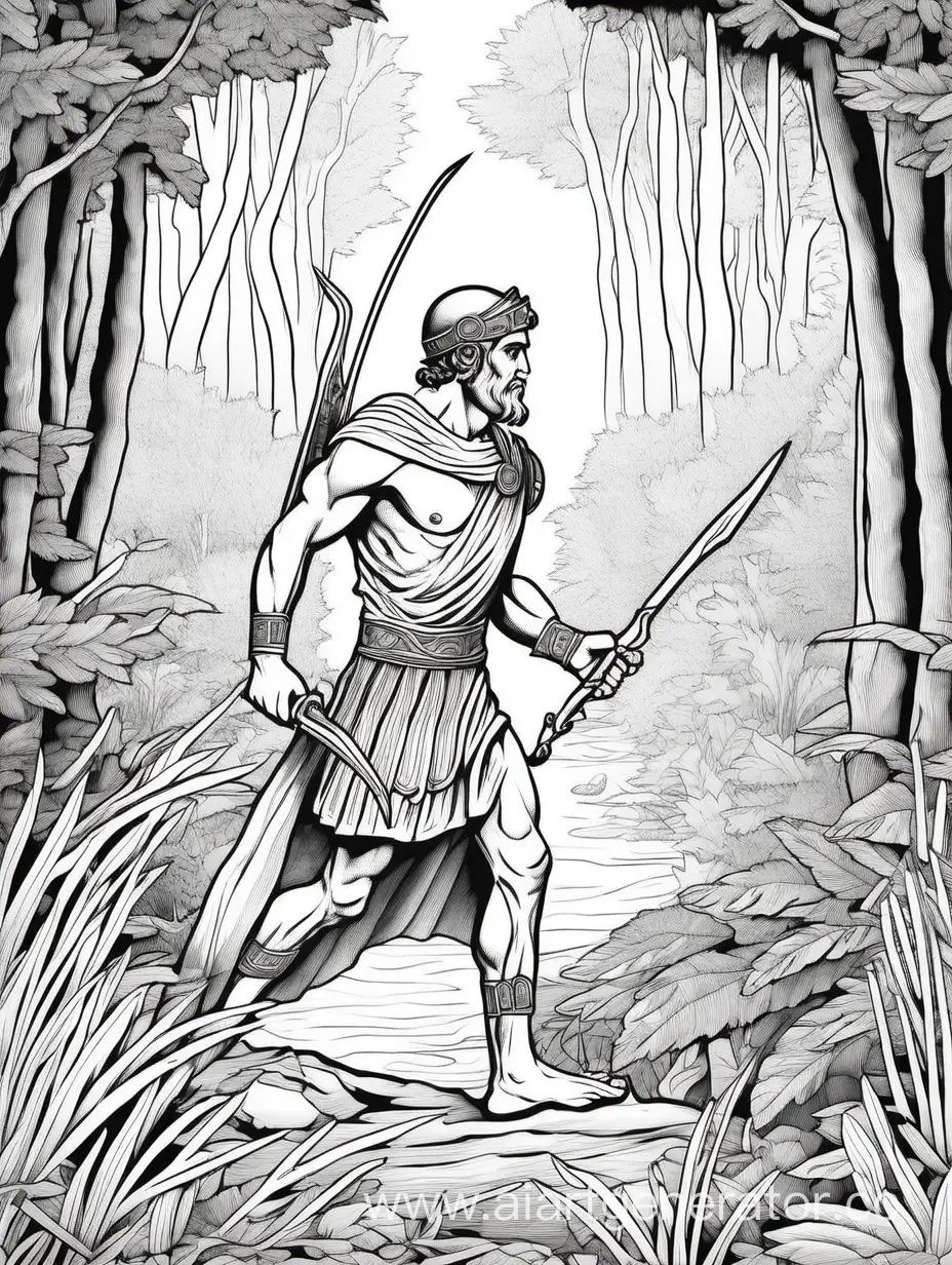 Детская раскраска древнегреческий охотник преследуя жертву, оказался в глубине дремучего леса, где скрывалось святилище Артемиды. 