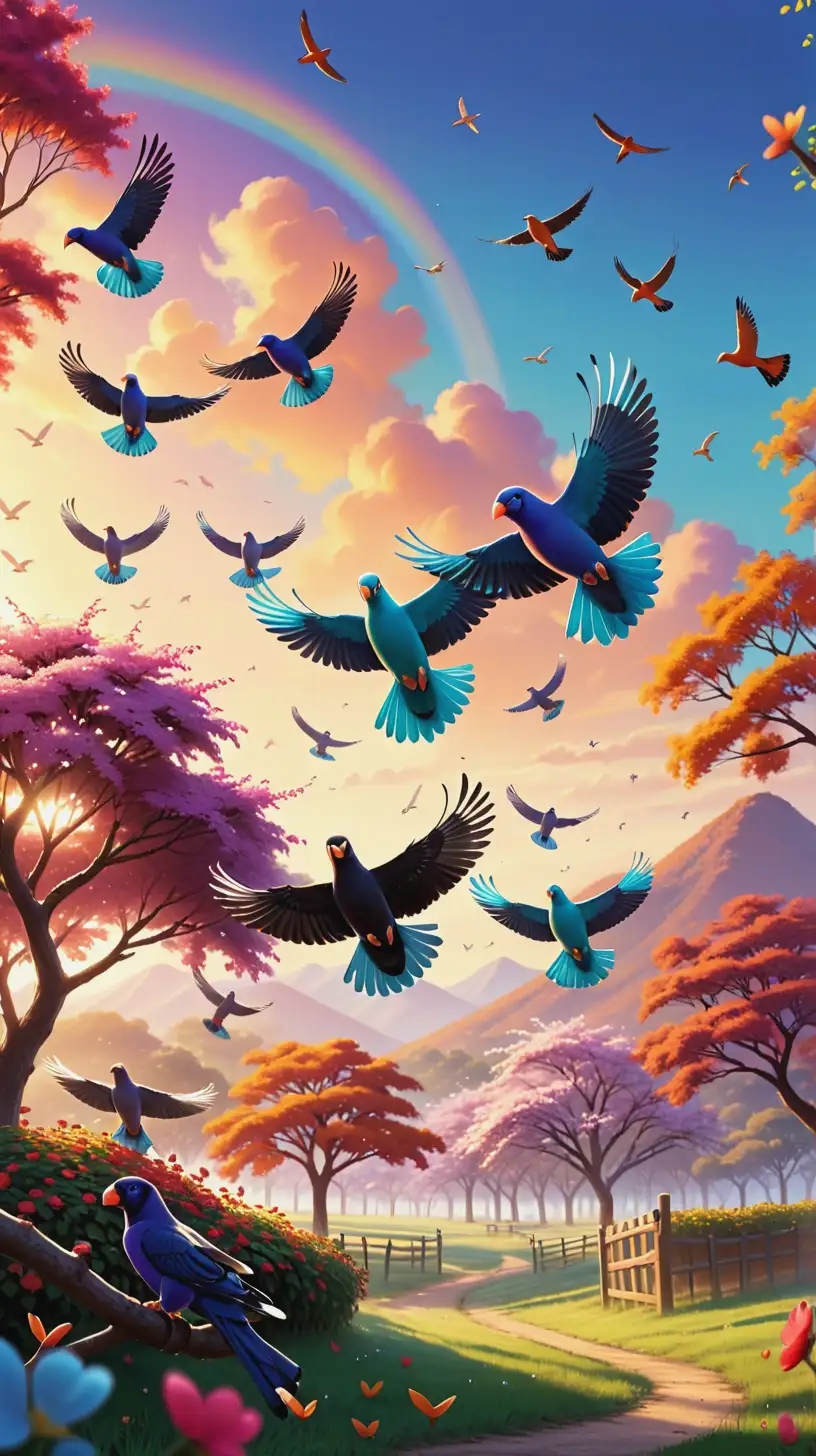 Colorful Birds Flying Freely in Joyful Sky