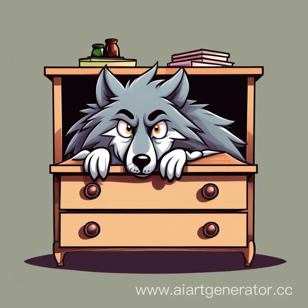 Cartoon-Wolf-Concealed-Behind-a-Dresser