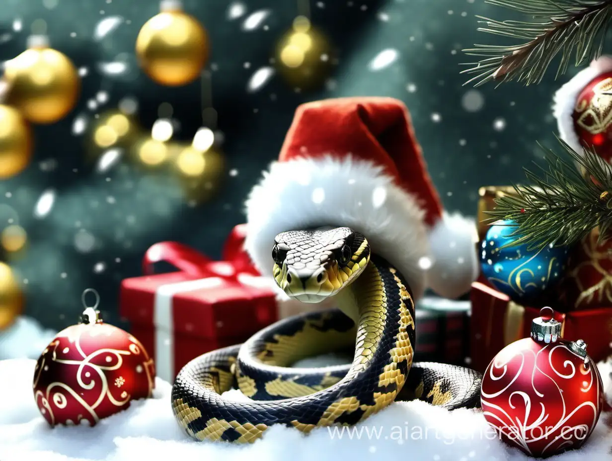 Christmas, with patterns, a small, kind, funny snake, in a New Year's hat, there is snow around, fir branches, a garland, New Year's balls and gifts, looking to the side, high quality, details, 4k