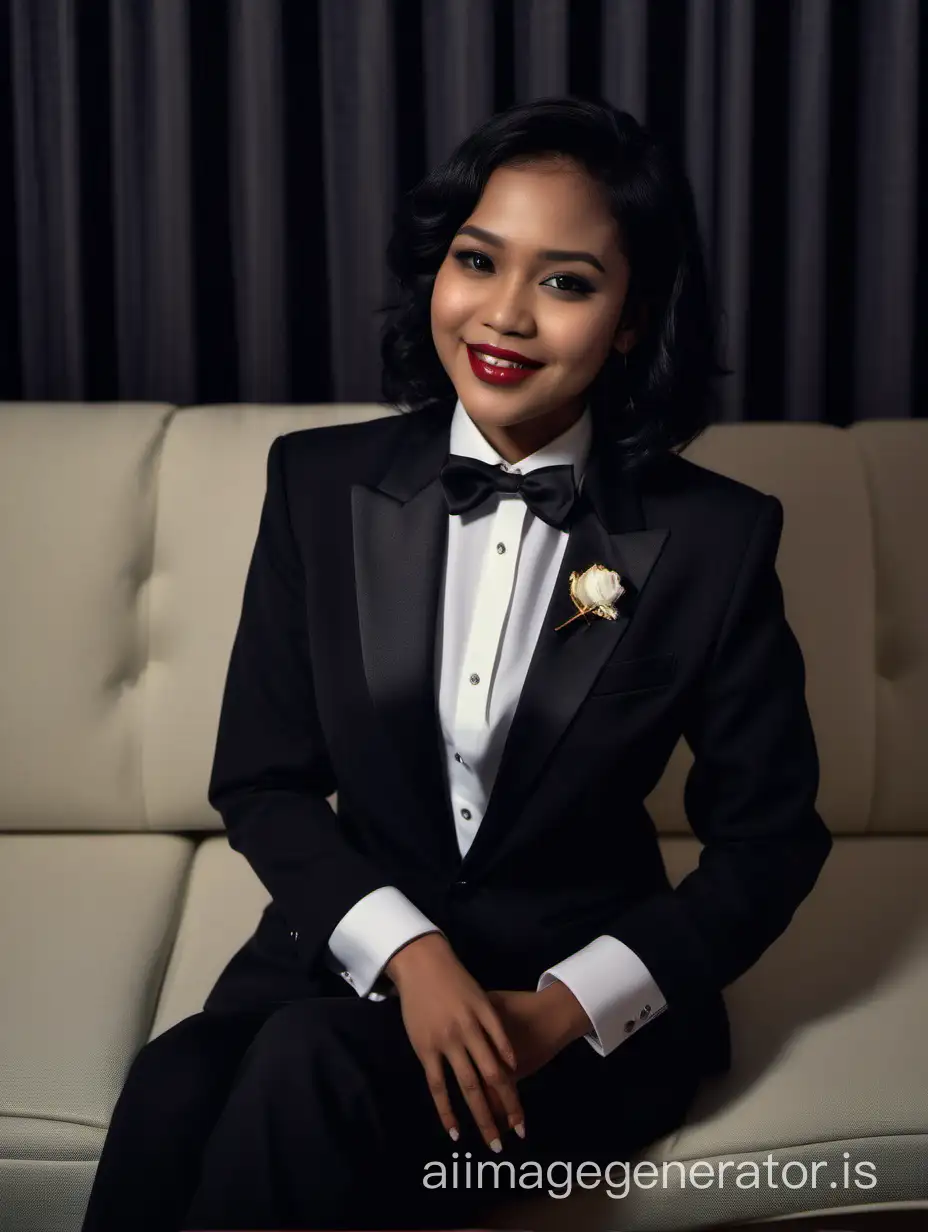 Cheerful Indonesian Woman in Elegant Tuxedo Smiling on Dimly Lit Couch ...