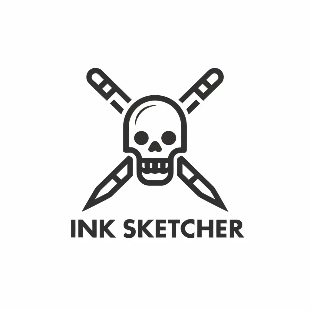 a logo design,with the text "Ink Sketcher", main symbol:skull and cross ink pens. spell correctly, plain background,Minimalistic,clear background
