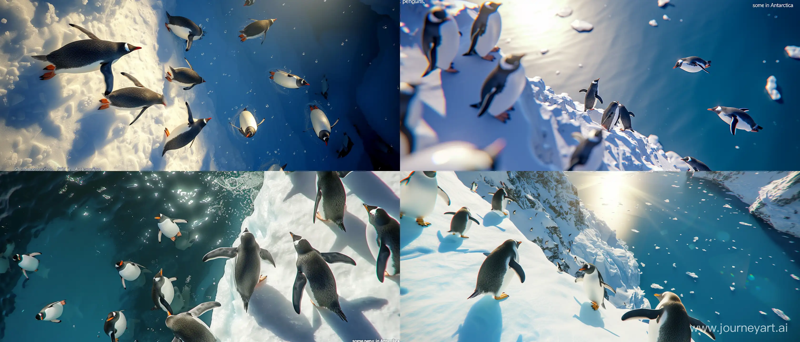 an aerial view from top to bottom of “some penguins, in Antarctica”; sunny day; using all the graphic, lighting, design and scenery techniques of the most hyper-realistic and current animations of the last generation; Ray tracing at an absurd level; 32k; better CGI; advanced lighting techniques; cinematic style; all parts of the image must be in the highest possible quality, 32k; --ar 21:9 --v 6.0