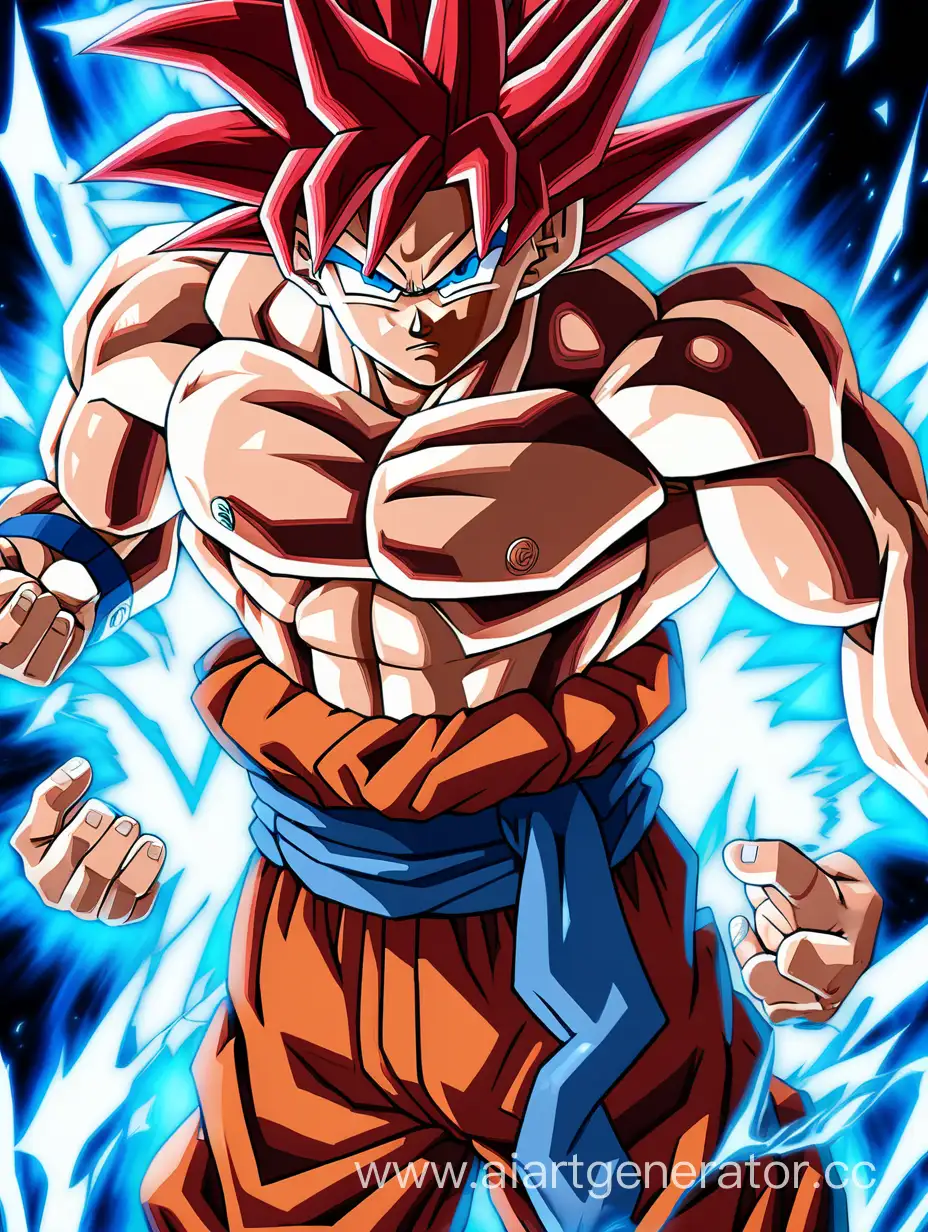Goku, naked torso, super saiyan blue kaioken transformation, full growth, light blue eyes, red color of skin, red and auras around him, death stare, no smiling
