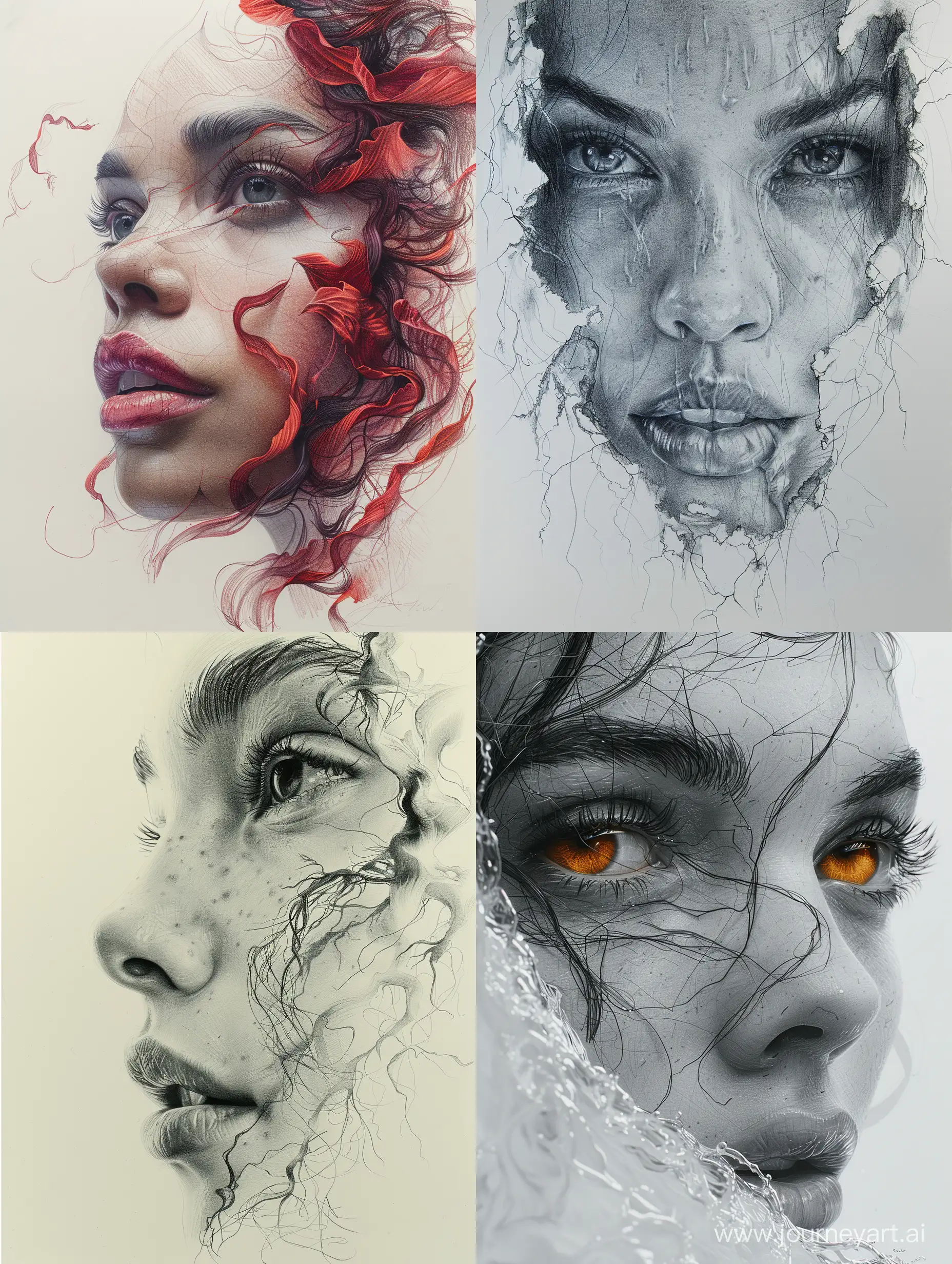 (a pencil sketch that form a woman's face, 3d depth height, hyperrealistic ,vibrant colors, emotion, ), intricate details, (masterpiece). --s 750