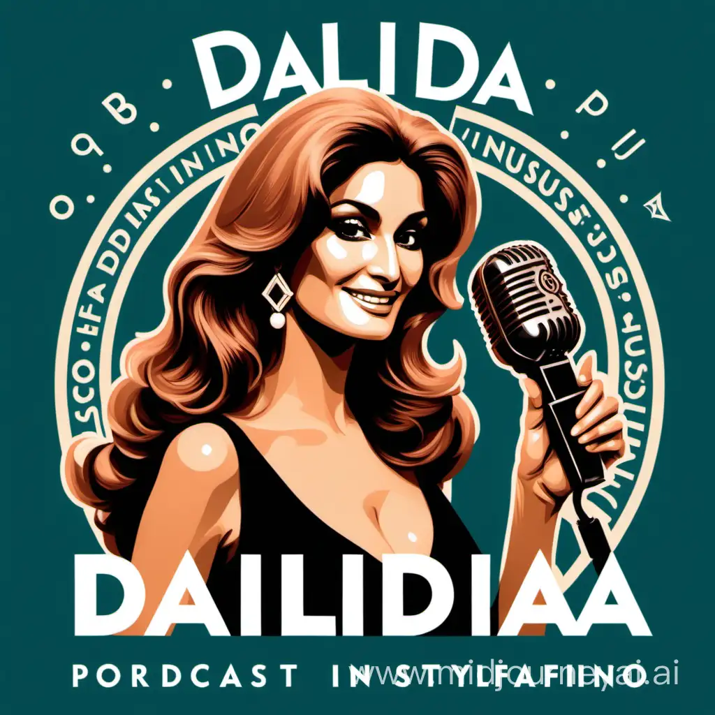 Logo pour un podcast, Dalida, l'étoile emblématique, trône au centre, tenant un microphone stylisé, podcast sur la musique et le divertissement. Des notes dansent autour d'elle, créant une atmosphère festive. "Podcast in Portofino"