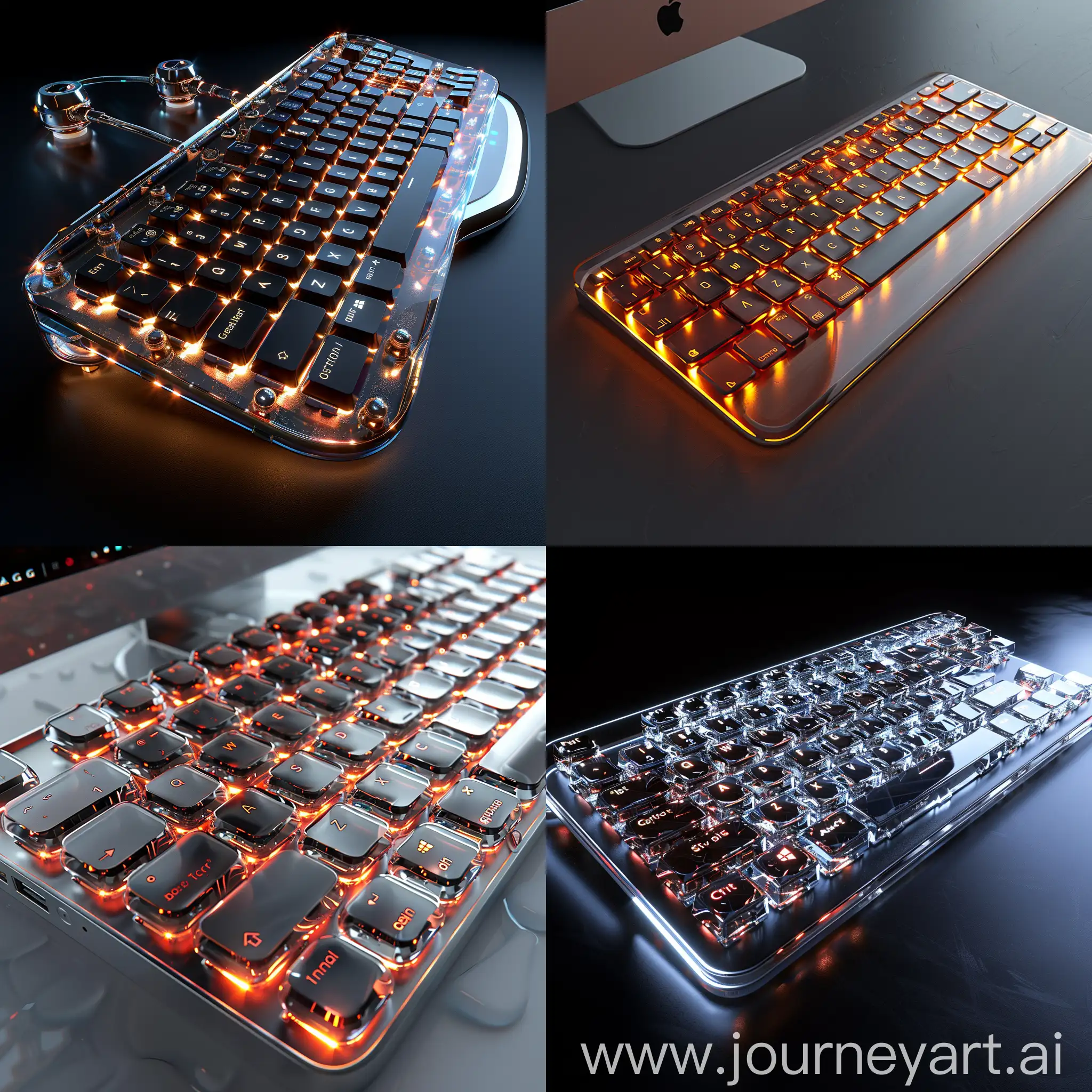Futuristic PC keyboard, ultra-modern, ultramodern, stainless steel and transparent materials, smart materials, high tech, octane render --stylize 1000