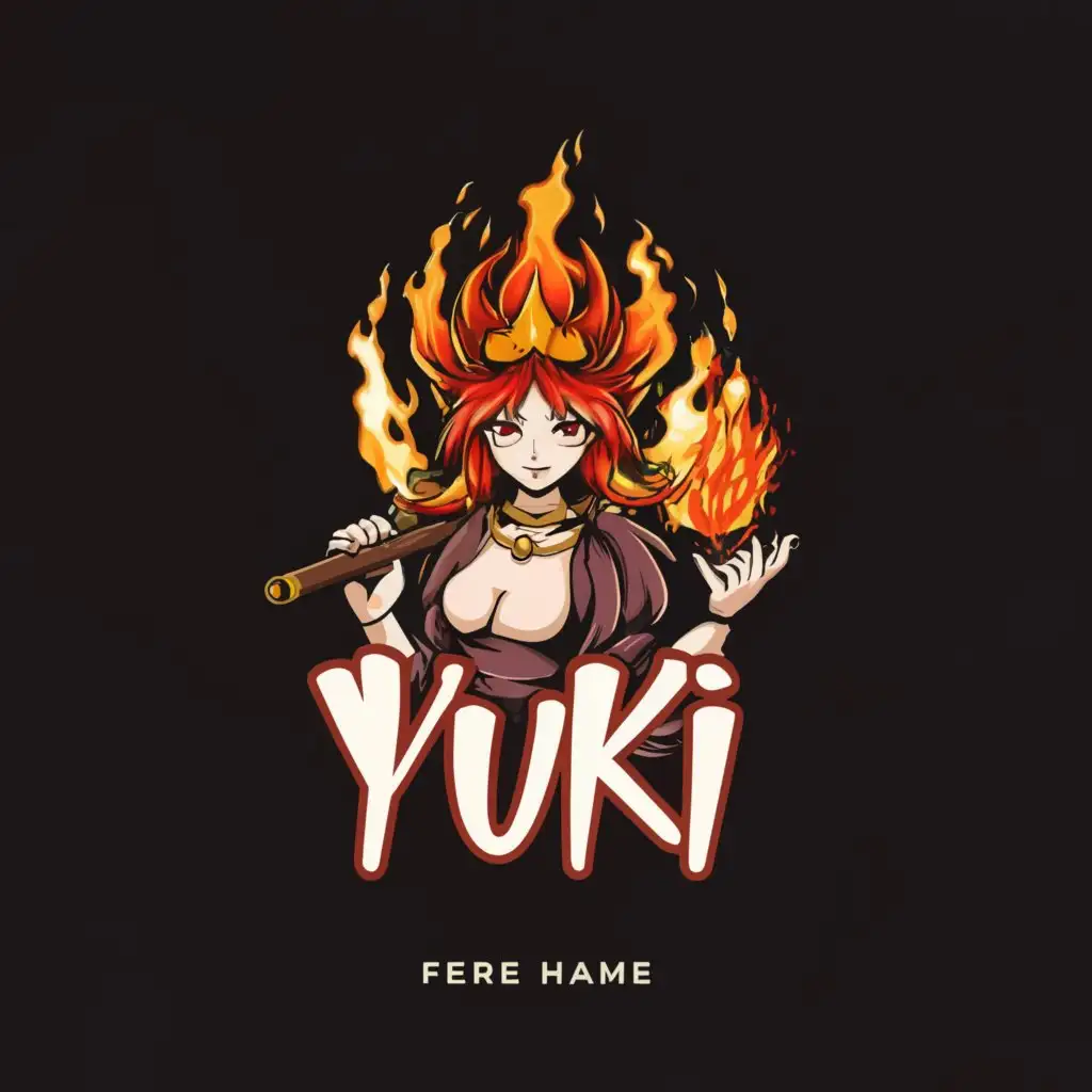 a logo design,with the text "Yuki", main symbol:Anime girl god of fire,Moderate,clear background