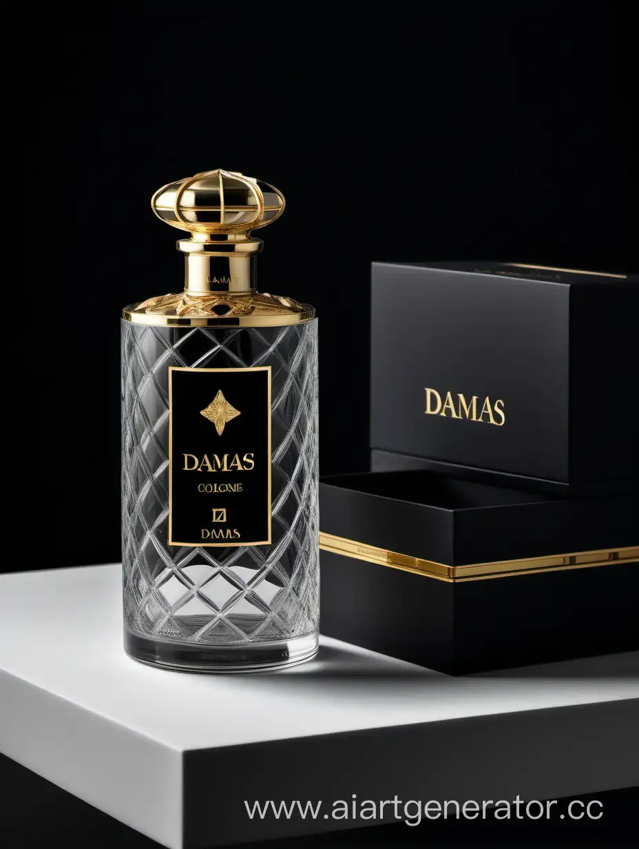 a bottle of damas cologne sitting next to a dark White box,with golden lines a Baroque dynamic luxurious composition, feminine
flemish Baroque