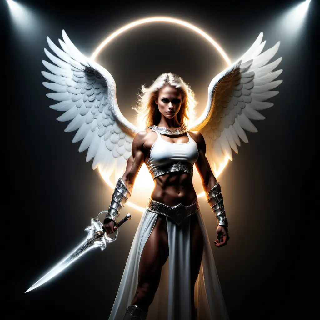 An strong muscular angel with a ring of light or halo glowing from behind her head holding a bright light emitting sword ready for battle