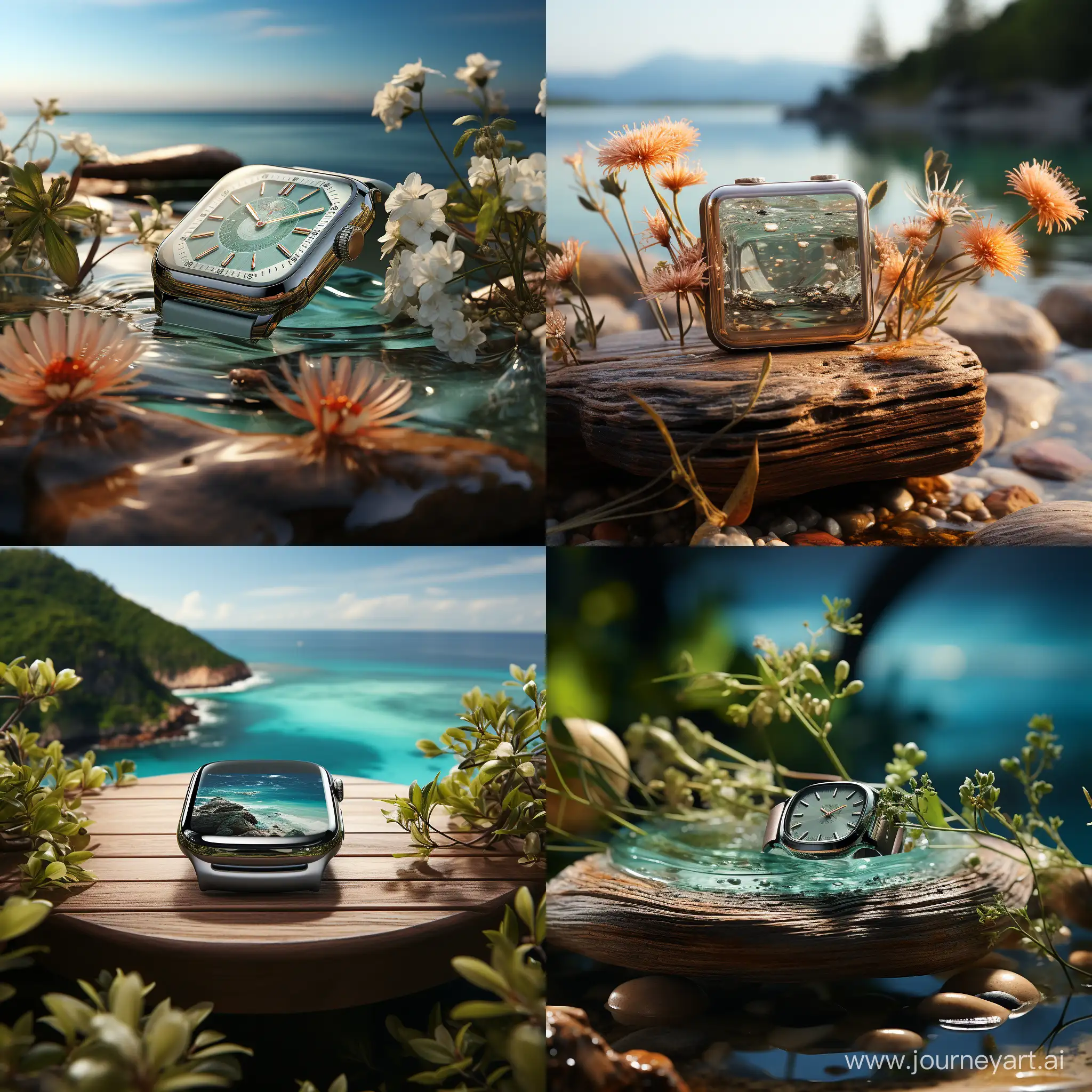 smart watch, sea and nature are popping out of the smart watch's screen, the watch is standing on product display podium in minimal product stage showcase scene for commercial promotional advertising campaign --q 2 --s 750