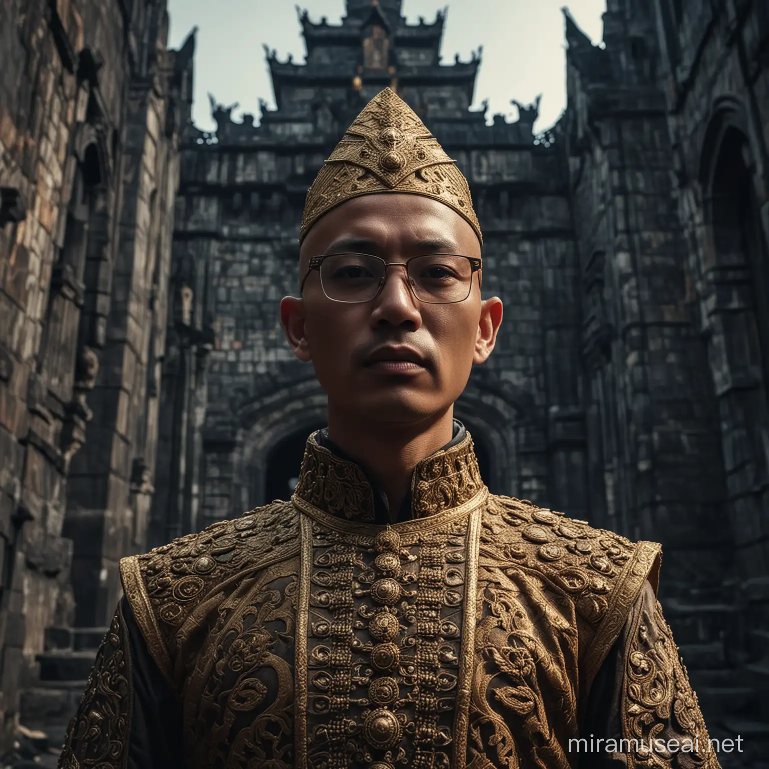 Pria Indonesia berkepala botak dan berkacamata berdiri di tepi kastil yang gelap, memakai kostum kebesaran raja