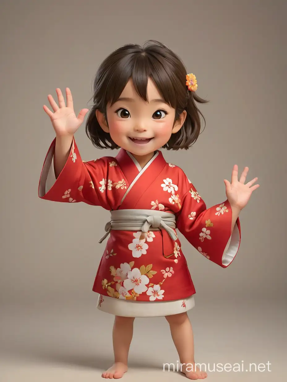 girl with red japanese traditional suit, kid, short legs, big head, saying hi, one hand up, smiling