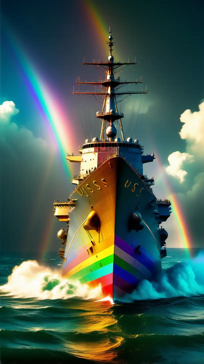 Mystical Digital Illustration showcasing the USS Eldridge disappearing into the vibrant hues of a rainbow, creating a surreal and otherworldly atmosphere, Inspirations from Mystical Art, Medium Shot, Volumetric Lighting, Hyper Detailed Rendering

