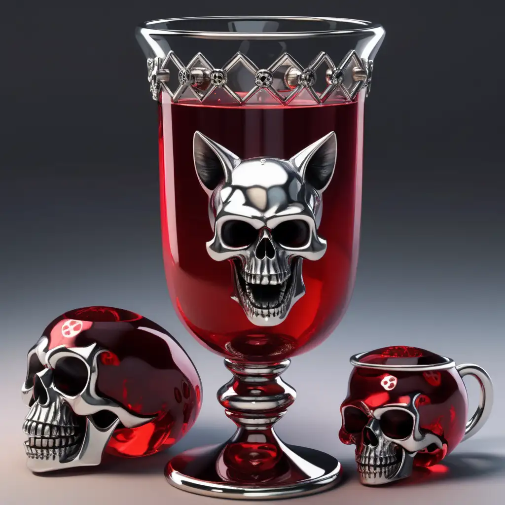 gothic glass of blood, with metal decor   in the style of mobile game, with a cat's scull