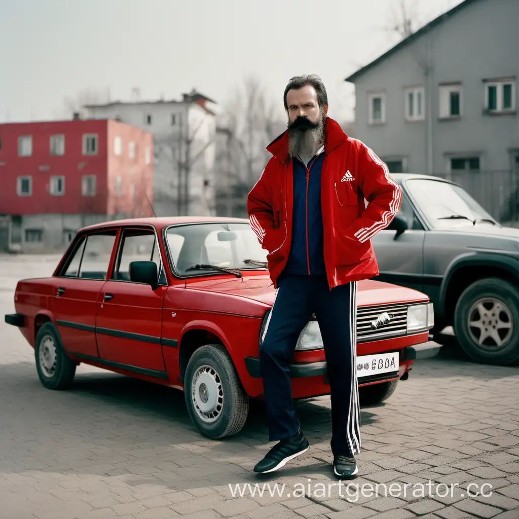 Bearded-Man-Standing-by-Red-Lada-Car-in-Adidas-Attire