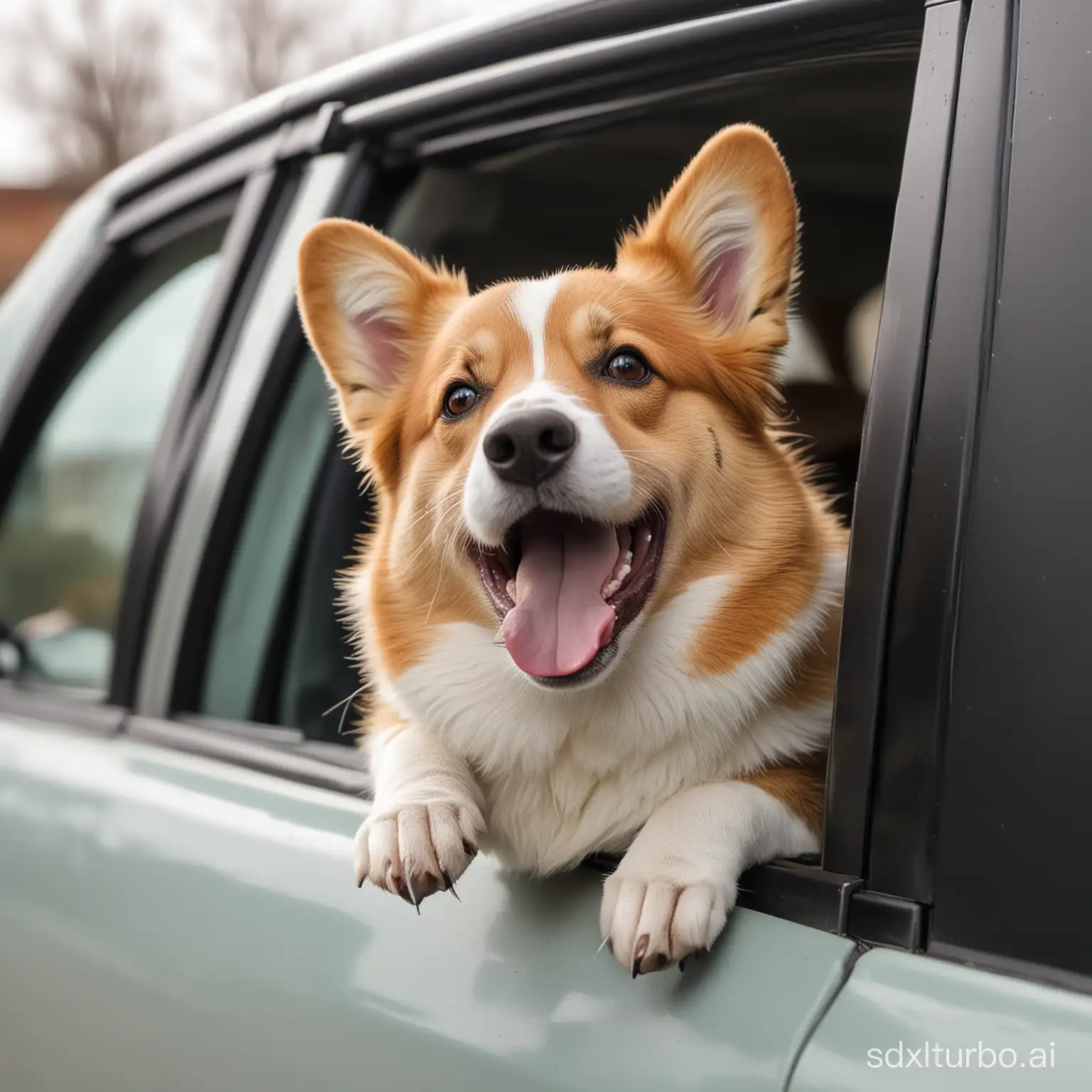 a corgi dog waving at his owner through a car window sticking his tongue out