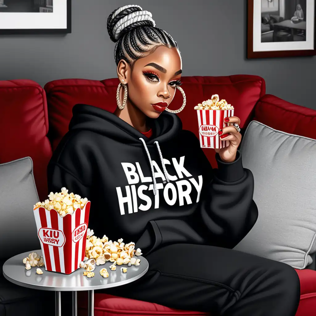 Create a hyper realistic illustration of an beautiful glam black woman in a black sweat shirt with the word black history in white letters, with neat braided platinum hair colored loc bun, long red nails, eating popcorn, sitting on a sofa with black and red aesthetics, with a black history tumbler on a table, scrolling her IPhone,and other accessories, she is in her a contemporary living room with black, red, green and white decoration, add beautiful flowers in the background.


