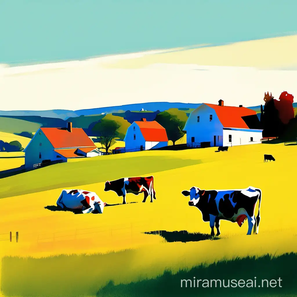 Farm landscape with cows painted in the style of Edward Hopper, colorful with a balance of natural colors and bright colors, rolling hills, digital painting colorful Edward Hopper and Thomas Wells Schaller Landscape Panoramic View