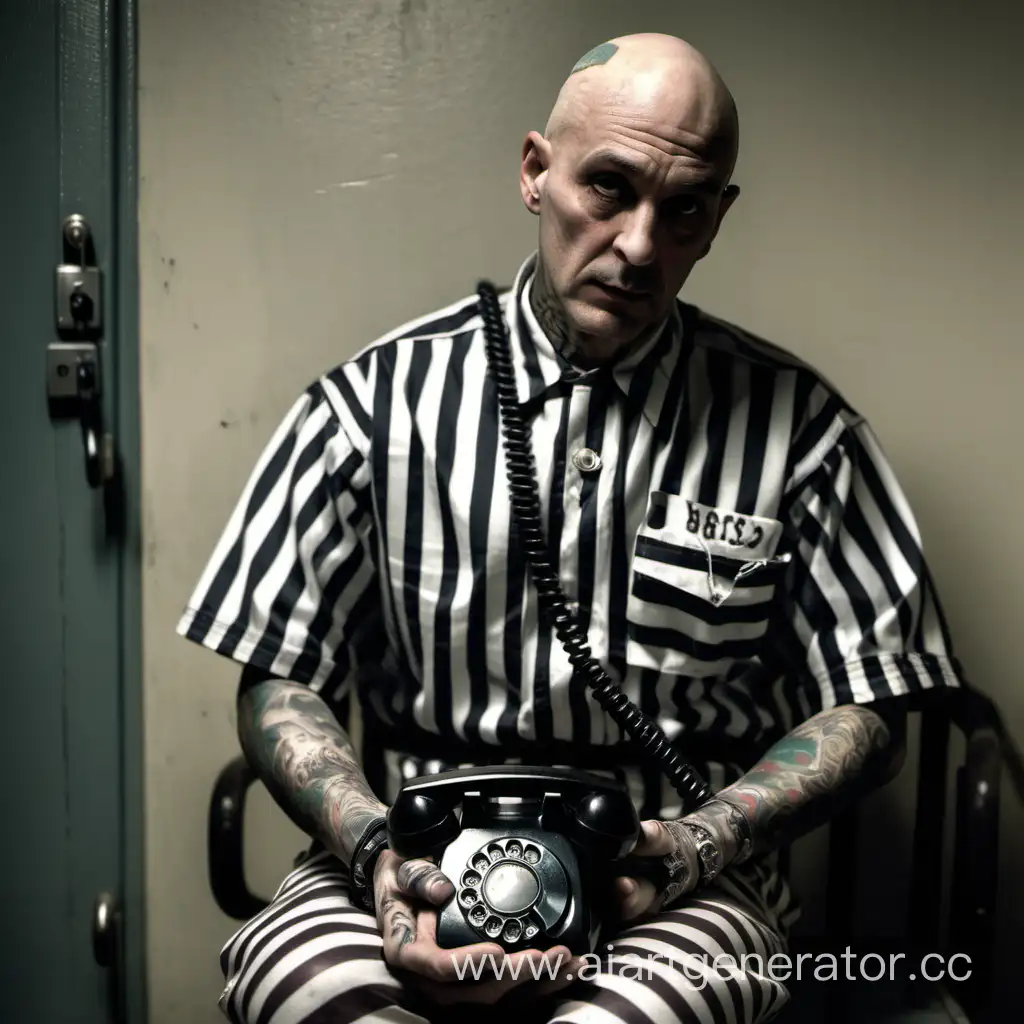 Зэк в черно белой полосатой форме сидит в комнате свиданий на фоне мрачной и темной тюрьмы в наручниках около него стары проводной телефон 80 ы х годов сам зэк лет 40 лысый с татуировками смотрит в камеру но не очень близко