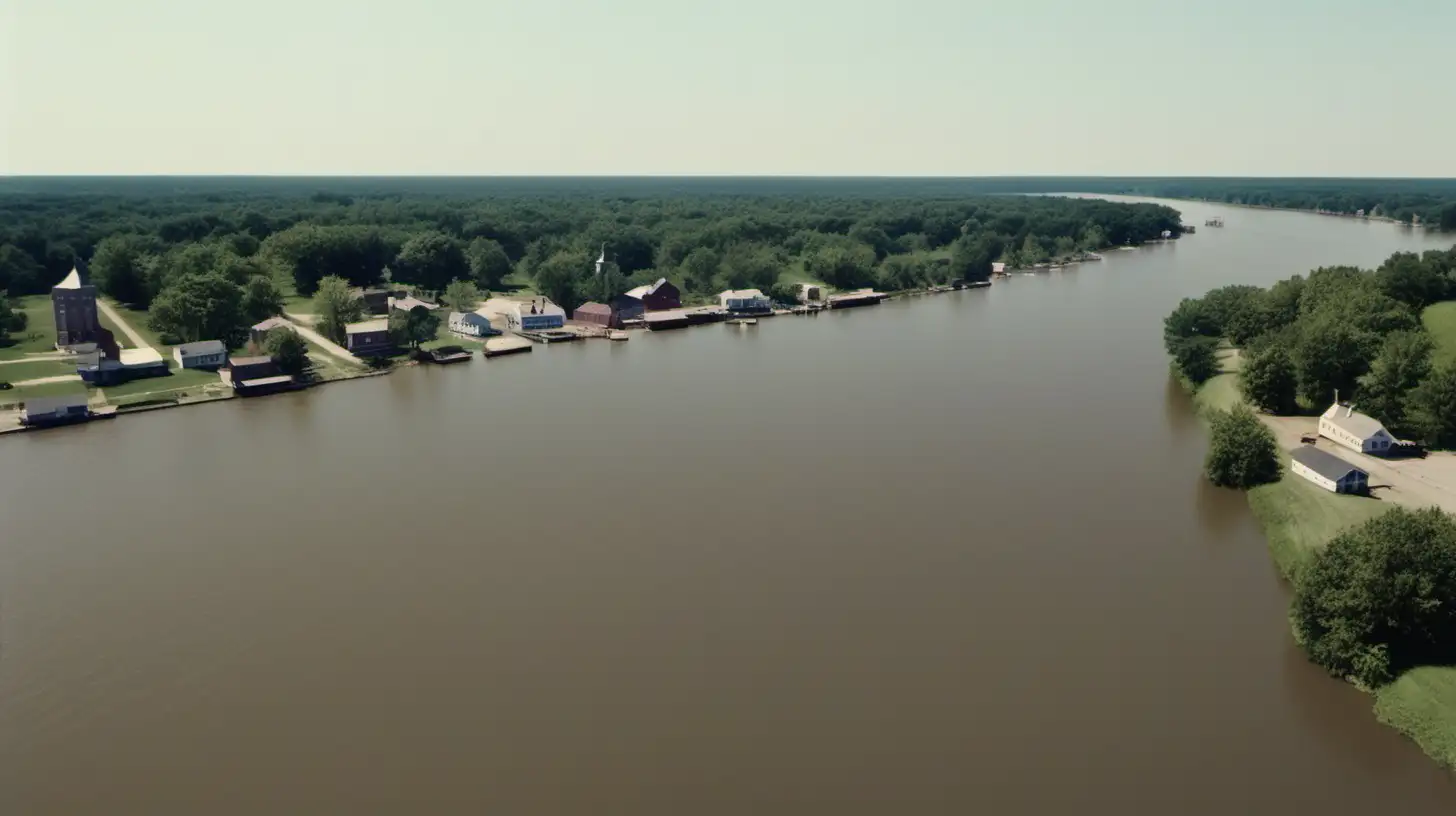 Mississippi river during 1900 with a small village on the shore. Drone shot.