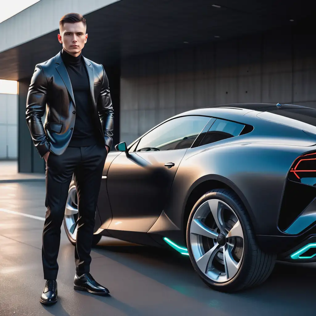 Modern Man Leaning Against Futuristic Concept Car Indifferent Stance with Strong Contrast