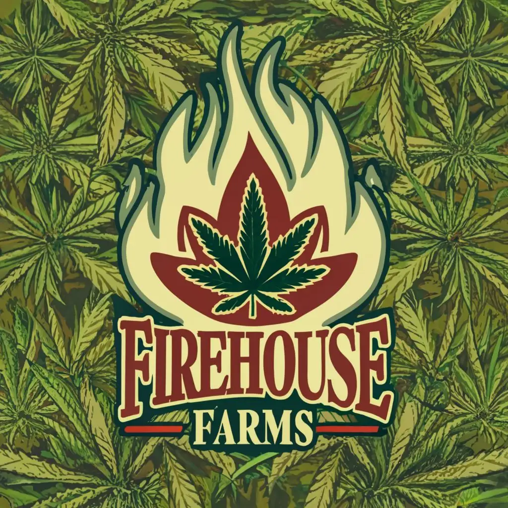 logo, Firefighter Maltese Cross Patch with Cannabis Leaf, with the text "Firehouse Farms", typography