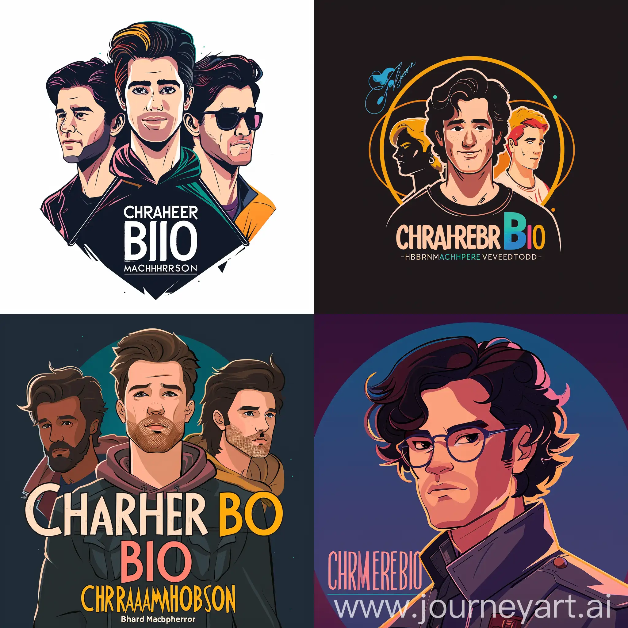 Create an animated logo for the podcast "Character Bio" featuring Brandon Macpherson, the actor from Toronto. The animation should showcase Brandon embodying the essence of various iconic characters he has portrayed throughout his career. Use a vibrant color palette and dynamic animation to capture the spirit of exploration and storytelling. The logo should visually represent the podcast's mission to delve into the depths of character psychology and narrative evolution. Ensure that Brandon's animated persona is captivating and evocative, serving as a visual representation of the podcast's thematic focus on character development.