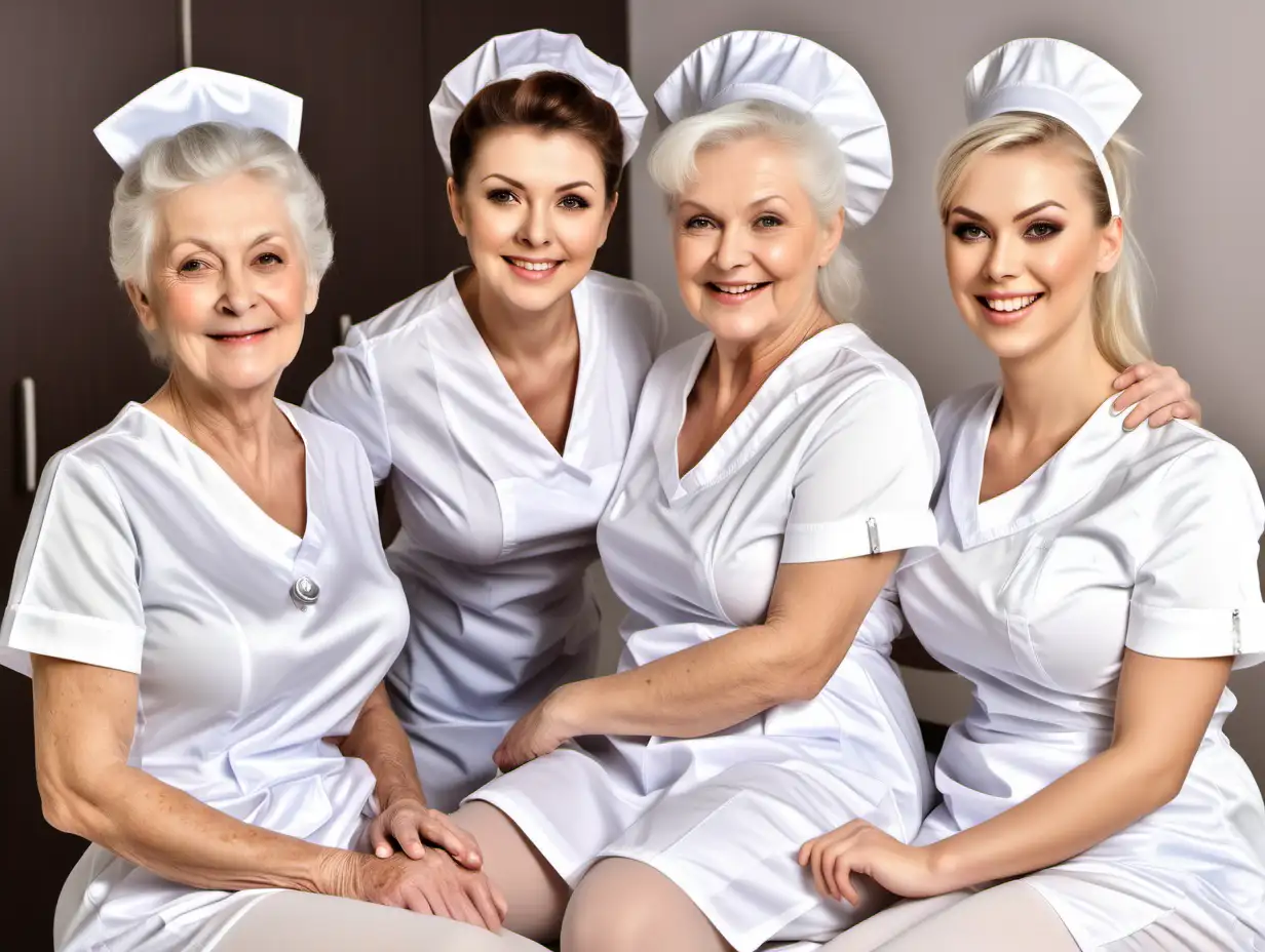 Joyful Elderly Mothers and Daughters in Matching Satin Nurse Uniforms