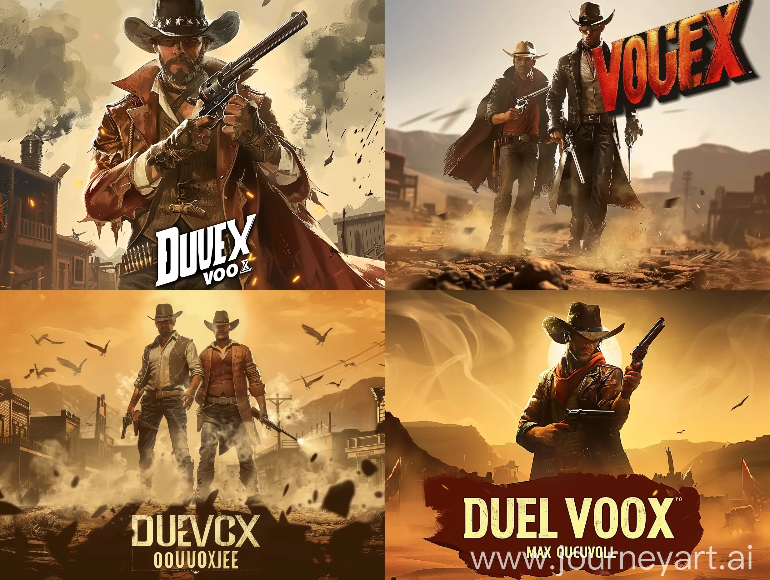 Cover of a computer game, wild west, duel, inscription "DuelVox: Max Quality"