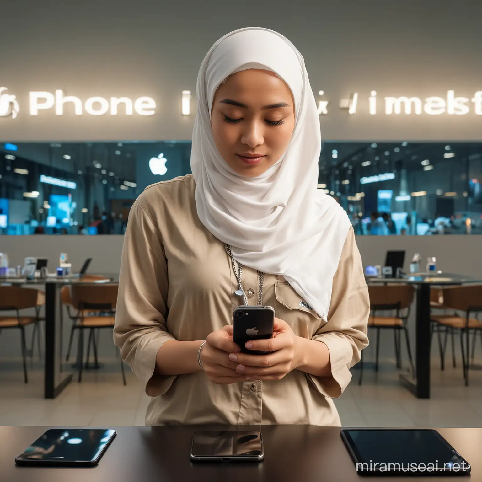 Stylish Indonesian Woman Representing iPhone Indonesia at Retail Desk