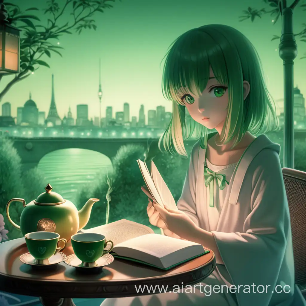 Тайные страницы под вечерний чай, аниме, девушка, обложка для книги, светло-зелёный, чай
