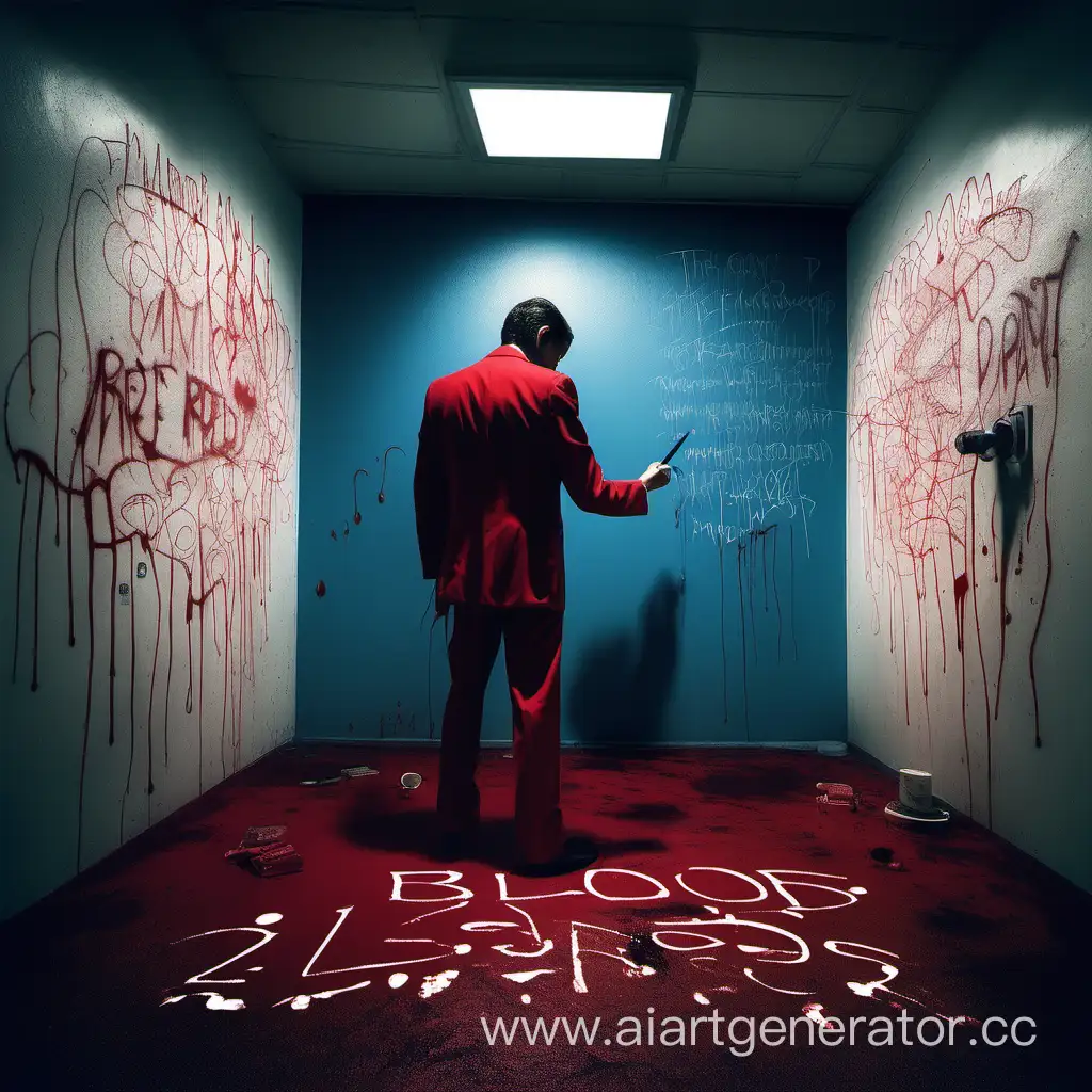 Мужчина в красном костюме рисует в темноте голубые глаза на стенах, некоторые глаза уже нарисованы, на полу лежат письма и кровь