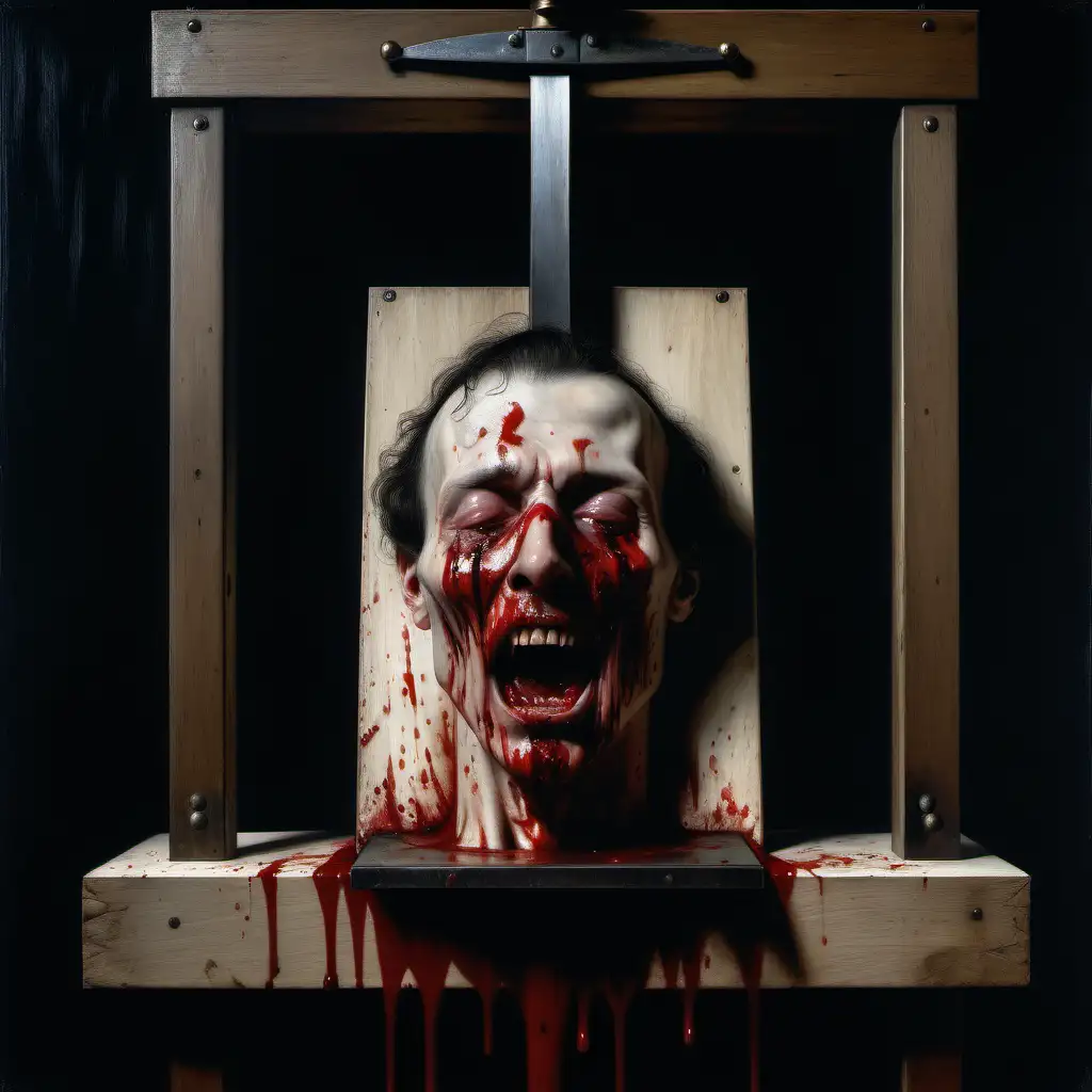 Blood dripping from a guillotine, morbid, realistic portrait, 17th century, 