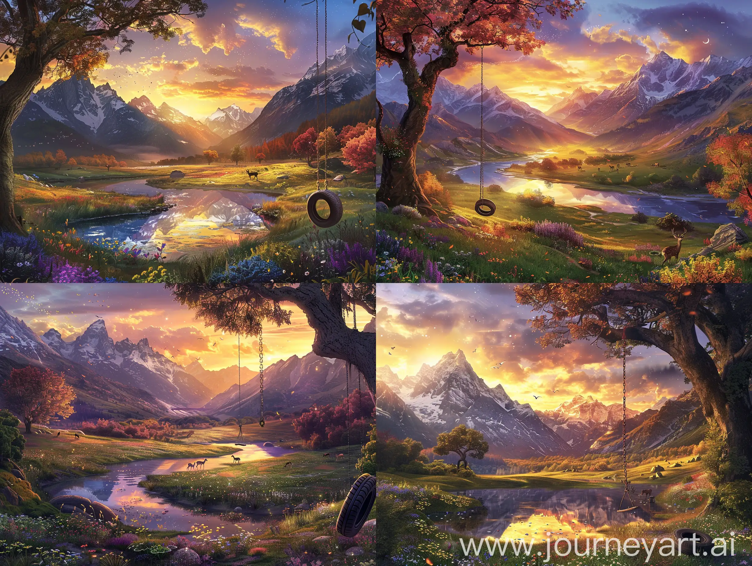 A tranquil landscape at the golden hour. The scene is set in a sprawling valley bordered by majestic mountains with snowy peaks, reflecting the hues of the setting sun. A gentle, crystal-clear river meanders through the center, capturing the last rays of the day and reflecting them back up into the sky, creating a stunning mirror effect. Lush, verdant meadows carpet the valley floor, dotted with wildflowers in a riot of colors - purples, yellows, and reds. A few deer can be seen grazing peacefully in the distance. Overhead, the sky is a watercolor painting of warm oranges, cool purples, and soft pinks, with a sprinkle of early stars peeking through. A lone, ancient oak tree stands in the foreground, its leaves aglow with the fiery colors of autumn, and a tire swing hanging from a sturdy branch, gently swaying in the breeze, adding a touch of nostalgia to the scene. The entire landscape exudes a sense of serene beauty, tranquility, and the magic of nature.