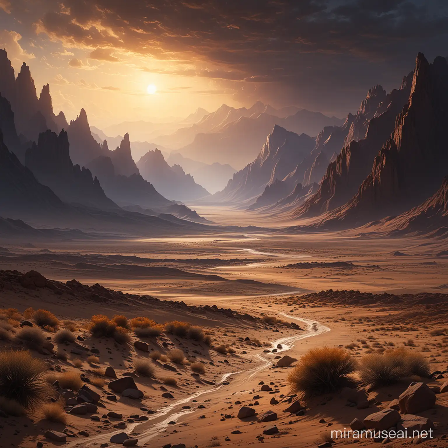 Amidst a desolate landscape of stark contrasts, where towering mountains meet the endless expanse of a barren desert, paint a scene where the clash of light and darkness creates an otherworldly panorama.