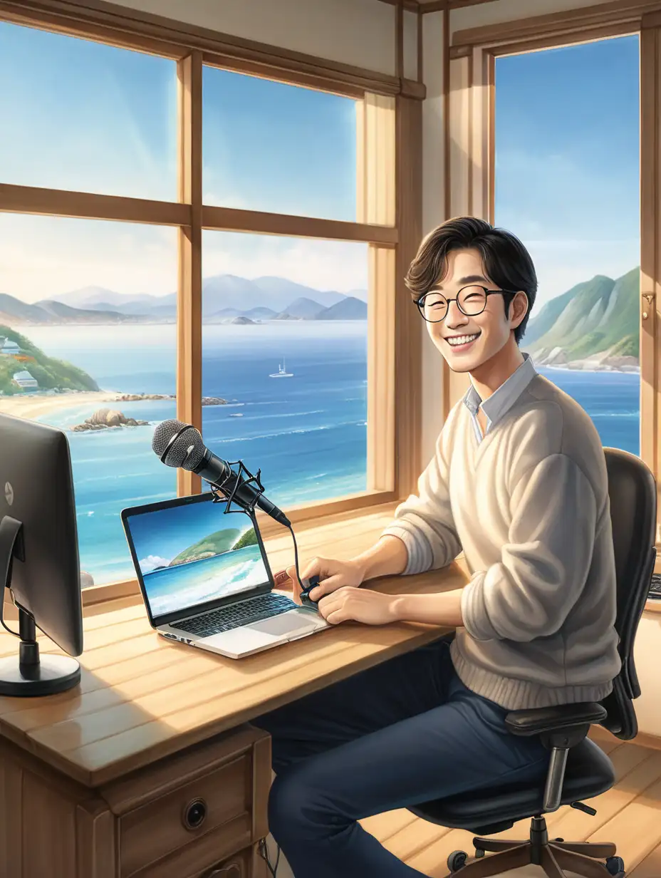 A smiling man from South Korea sitting at a desk with a laptop and a microphone in a cozy room with a window to ocean scenery