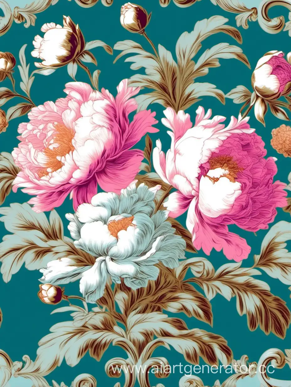 peonies and buds, Baroque Jean-Honoré Fragonard style, seamless wallpaper, pastel colors on a teal blue background, large repeat --tile