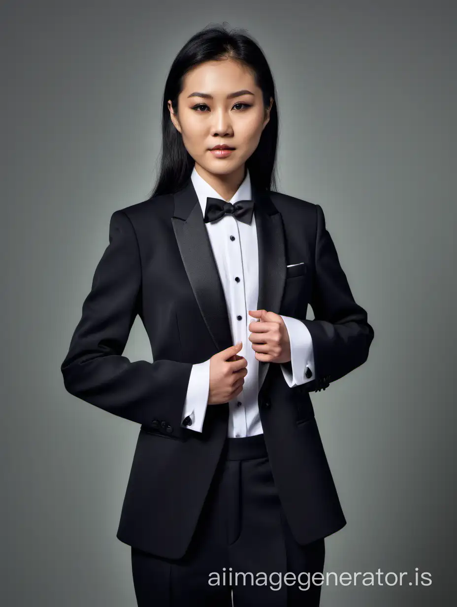 Asian woman wearing a tuxedo.  Her jacket is open.  She has cufflinks.