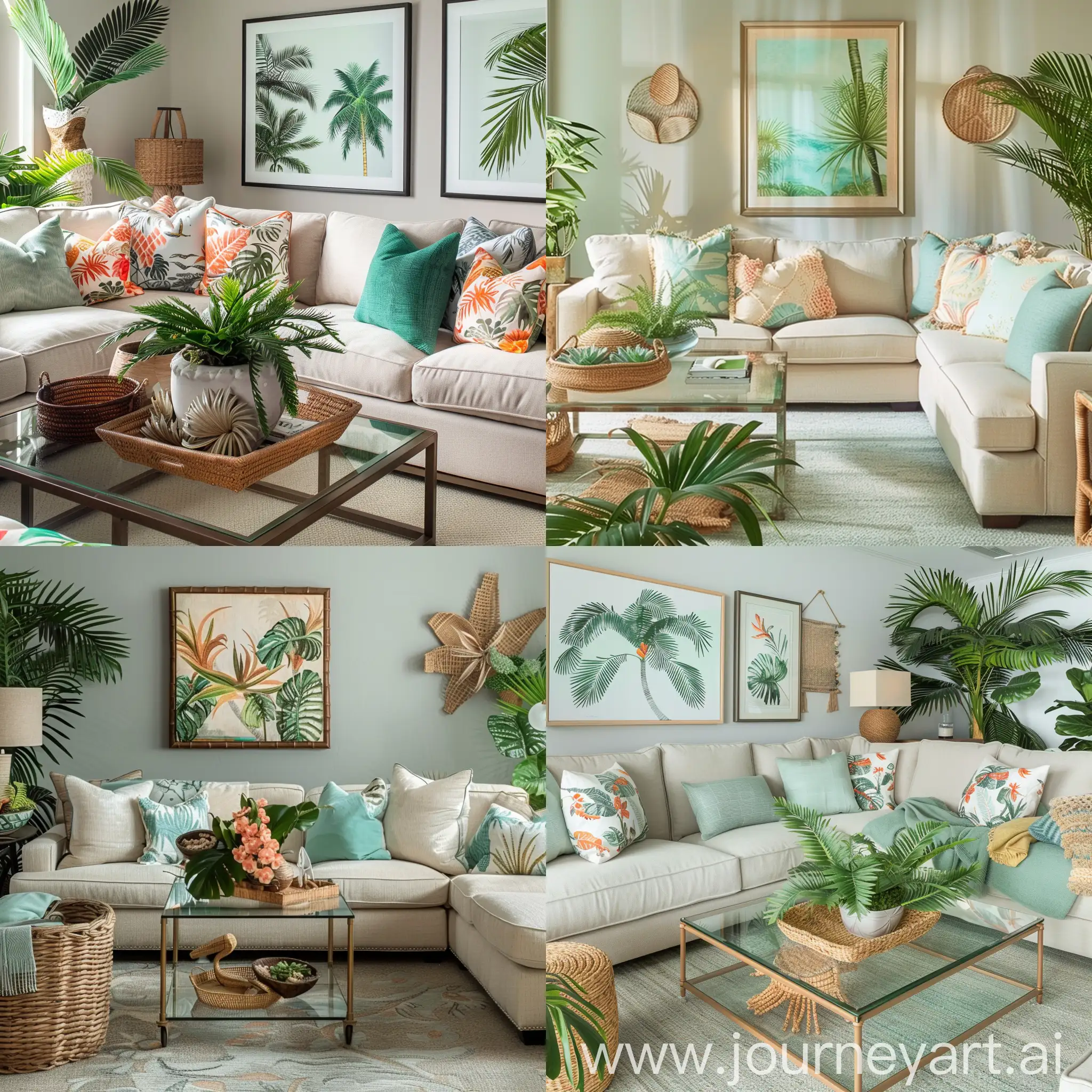 "Generate images of a tropical modern living room that blends sleek contemporary design with lush greenery and natural elements. Incorporate a neutral color scheme with pops of tropical colors like teal or coral. Integrate indoor plants such as palm trees, ferns, and orchids to bring a tropical vibe indoors. Choose furniture with clean lines and natural materials like rattan or bamboo, such as a sectional sofa with light-colored upholstery and a glass-top coffee table. Enhance the space with decorative elements inspired by the tropics, such as woven baskets, textured throw pillows, and artwork featuring tropical motifs like palm leaves or exotic birds."