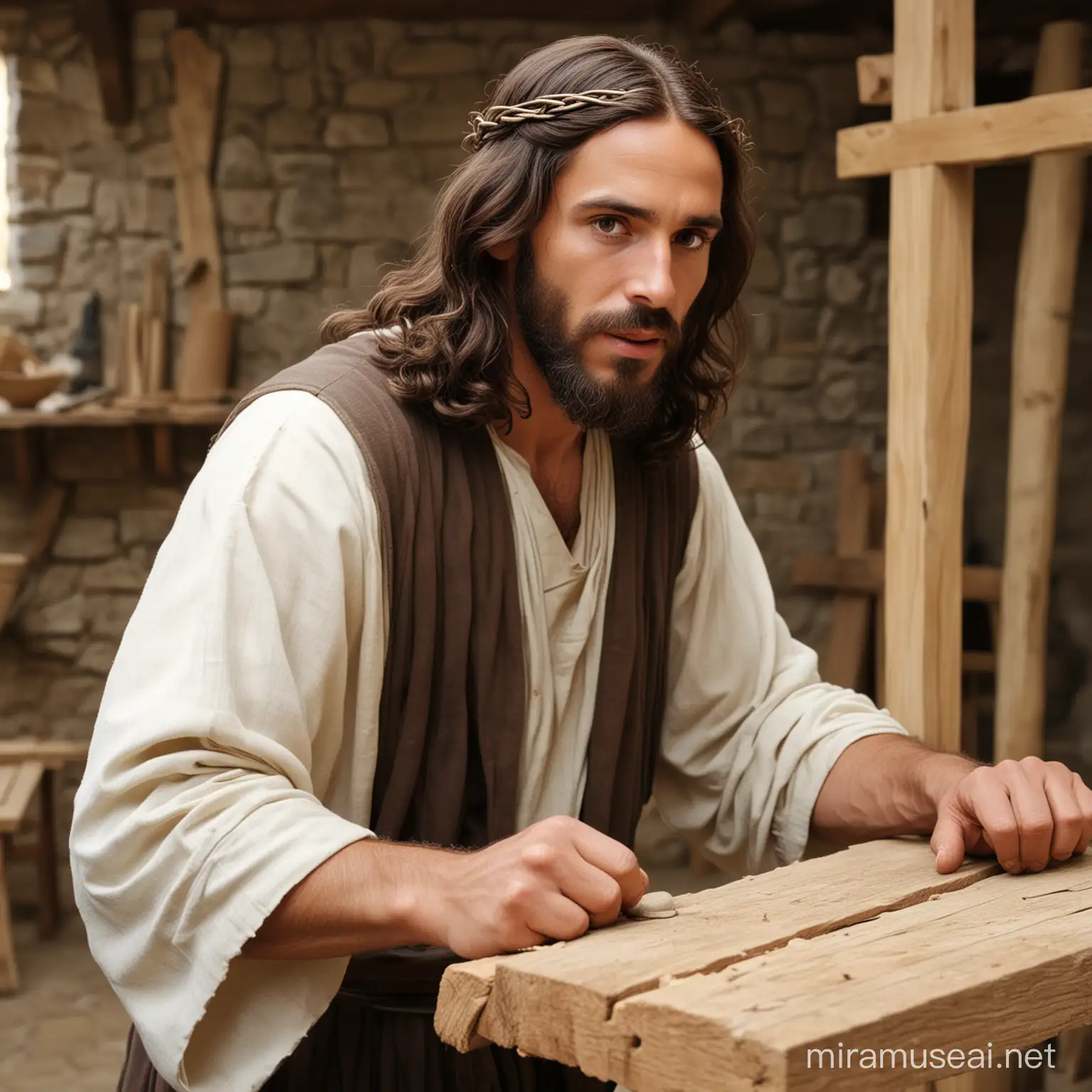 Carpenter Jesus in Ancient Judea Crafting Woodwork