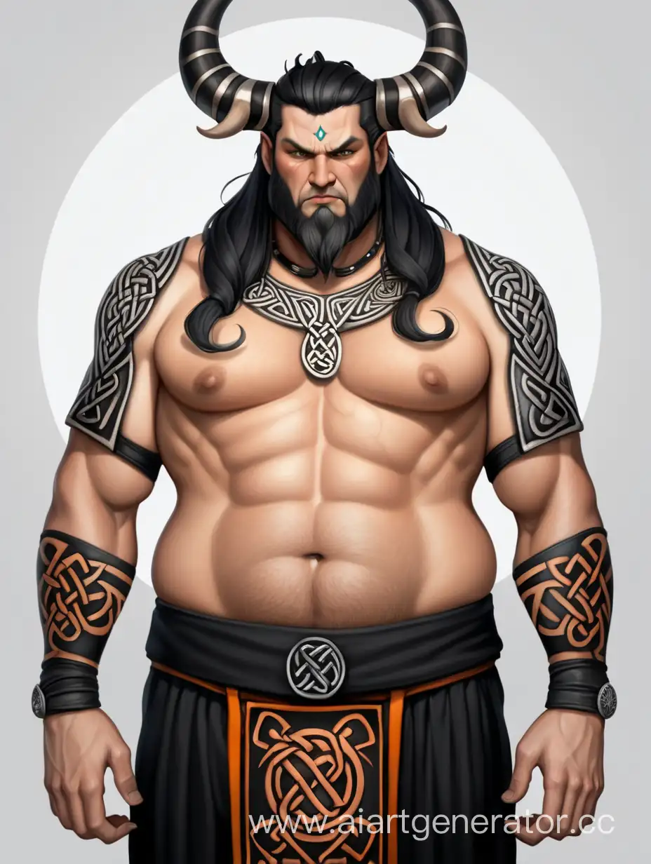 Celtic God, fat body, no beard, short black hair, black and orange celtic mythology outfit, runic tattoos, horns, male character 